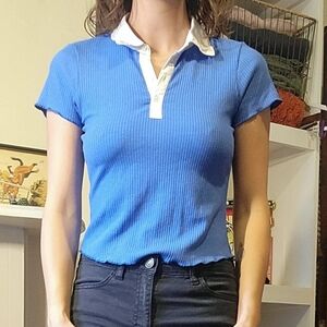 Blue Ribbed Polo Collar Top